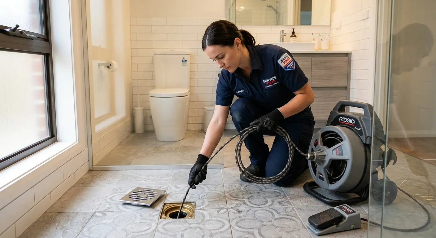 Technician clearing a bathroom floor drain for Drain Cleaning in Brockport